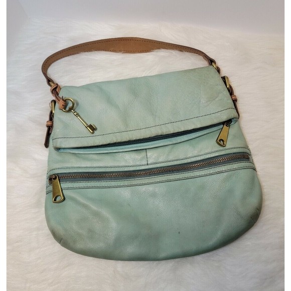 FOSSIL Explorer Flap Foldover Hobo Mint Green Teal Leather Slouch Shoulder Bag - Picture 12 of 12